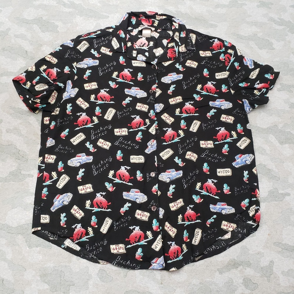 Vintage Circle T By Marilyn Lenox Top Womens XL Black Short Sleeve Button-Up